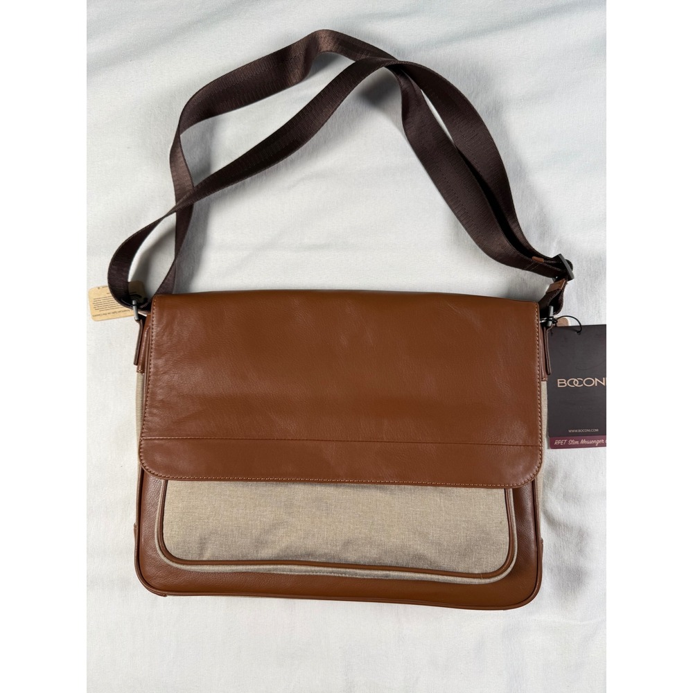 Boconi RPET Slim Messenger Bag Brown‎ Leather Recycled Fabric Laptop RFID New